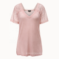 women elegant Deep V neck lace pink T-shirt garment dip dyed stretch and draping rayon knit Tunic with lace shoulder and sleeve